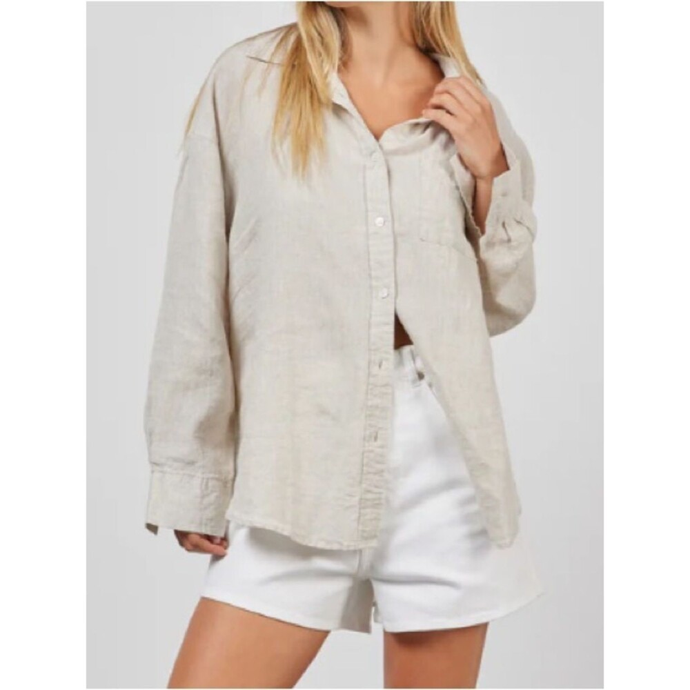 100% Linen Academy Women Relaxed Linen Button-Down Shirt - Neutral Beige M